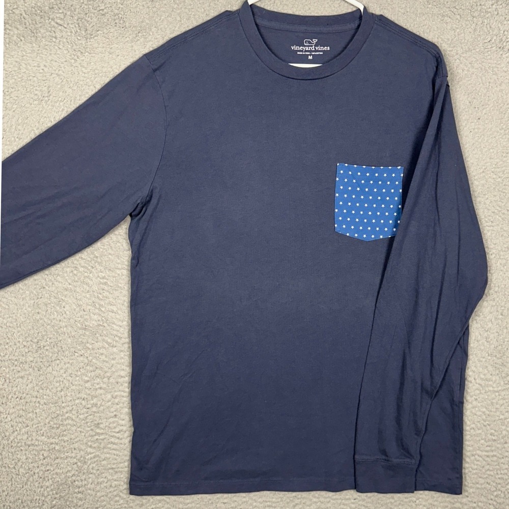 Vineyard Vines T-Shirt Mens Medium Blue Graphic Star Long Sleeve Pocket Tee EUC